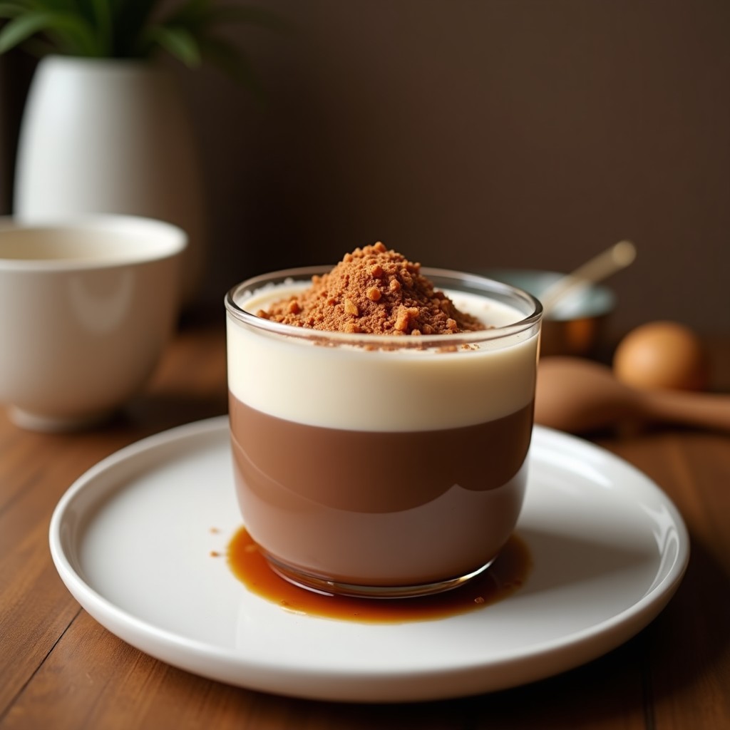 Vaso alto de cristal con bebida de avena y cacao con canela vegana, espuma cremosa en la superficie y una pizca de canela en polvo por encima. Fondo con copos de avena y cacao en polvo esparcidos sobre una mesa de madera.