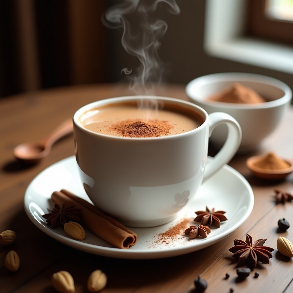 Taza de cerámica blanca con bebida de avena y cacao con especias de chai, espolvoreada con canela y cacao en polvo, sobre mesa de madera con especias enteras y rama de canela al lado.