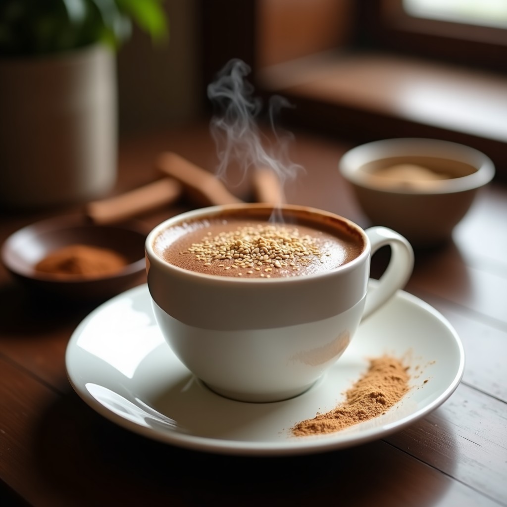 Taza de cerámica blanca con latte vegano de avena y cacao espumoso, decorado con semillas de amapola tostadas y una pizca de nuez moscada. Fondo oscuro con especias en rama y polvo de cacao esparcido. Bebida caliente relajante para dormir mejor.