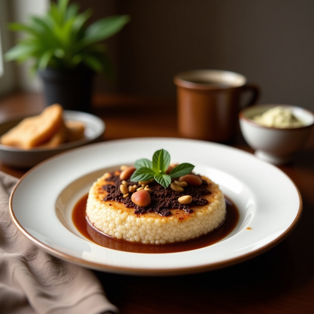 Vaso alto transparente con bebida de avena con cacao y pimienta de cayena, espuma cremosa en la superficie, decorado con cacao en polvo y una pizca de cayena. Fondo con ingredientes dispersos: copos de avena, semillas de chía y plátano en rodajas.