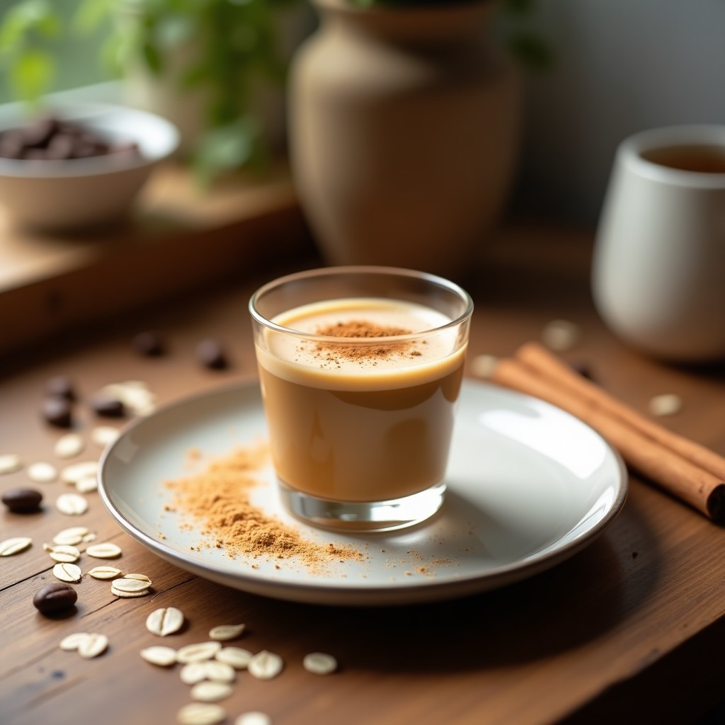 Vaso pequeño transparente con shot energético de avena y café con canela, espuma ligera en superficie y polvo de canela espolvoreado. Fondo con hojuelas de avena y granos de café.