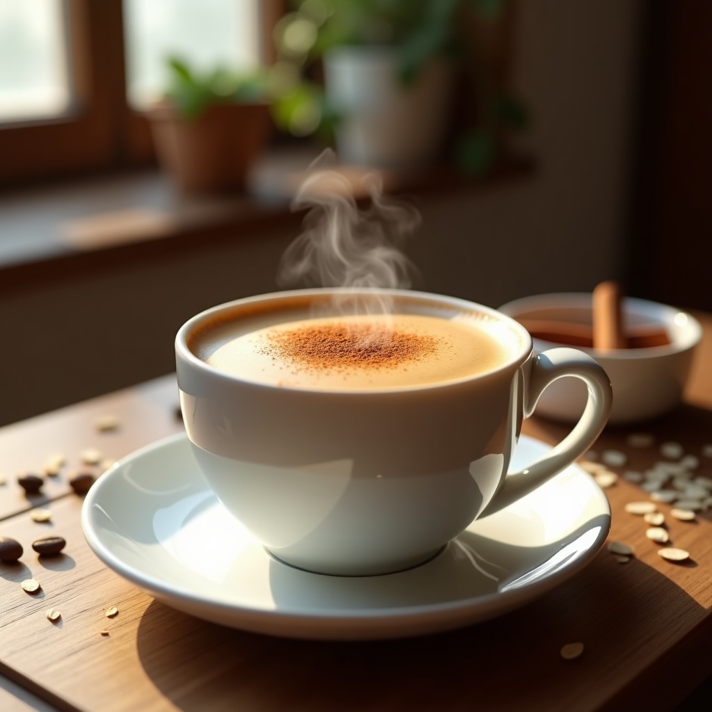 Taza de cerámica blanca con bebida de avena y canela con café, latte vegano sin lactosa, espolvoreada con canela en polvo, sobre fondo de madera rústica con copos de avena y granos de café esparcidos.