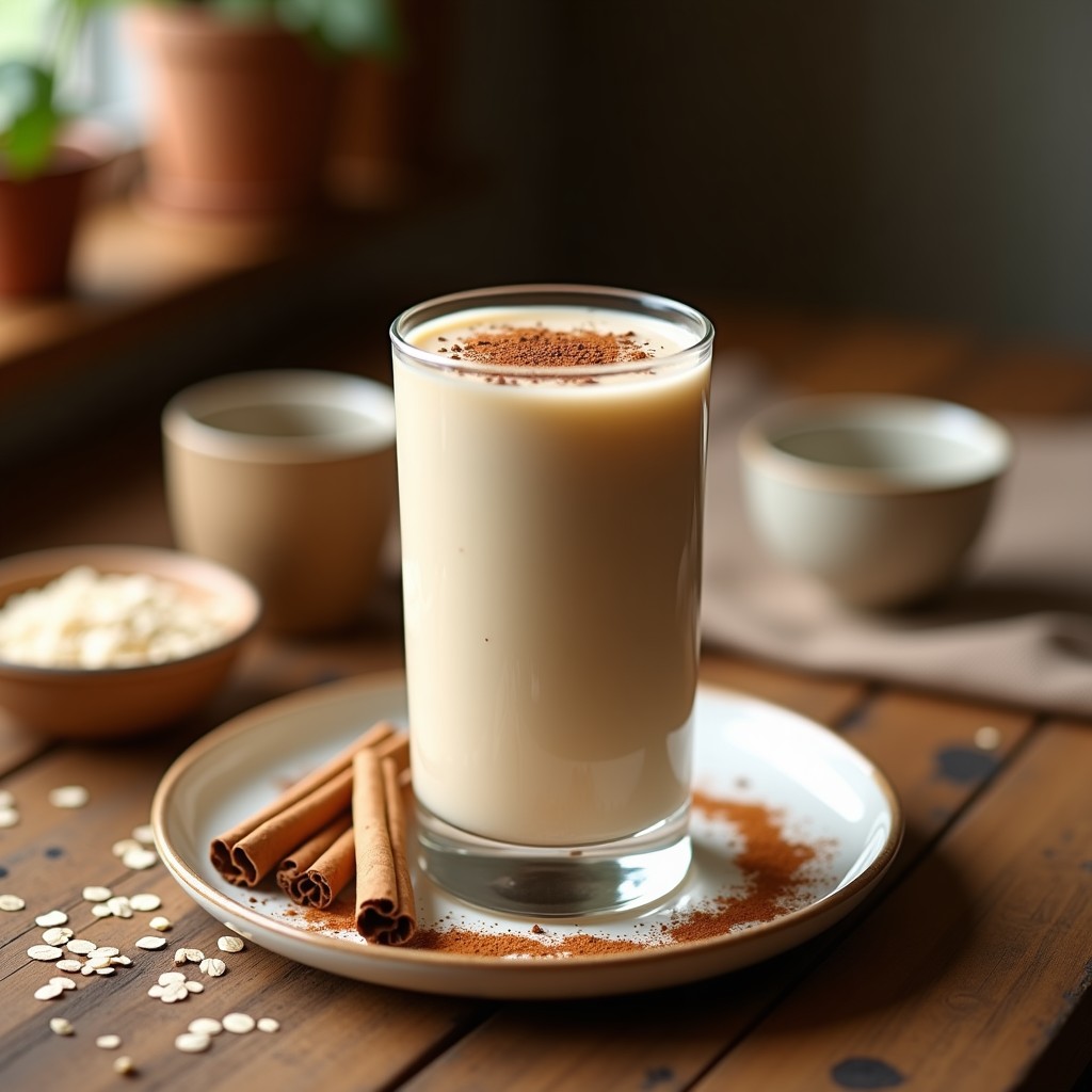 Vaso alto transparente con bebida de avena y canela con semillas de chía, espolvoreada con canela en polvo, sobre una mesa de madera rústica con copos de avena y semillas de chía esparcidas alrededor.