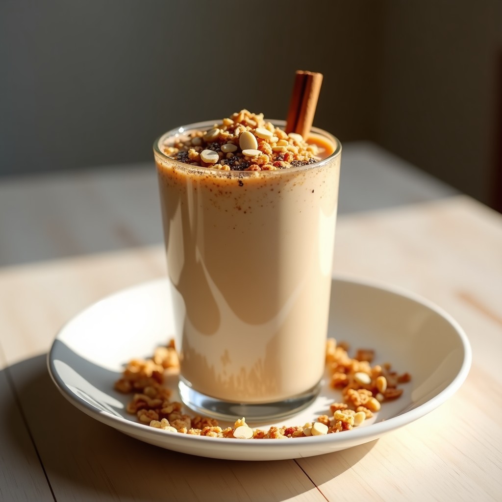 Vaso alto transparente con bebida cremosa de avena y canela, coronada con una capa crujiente de granola casera, semillas de chía y almendras fileteadas. fondo claro con detalles rústicos de madera.