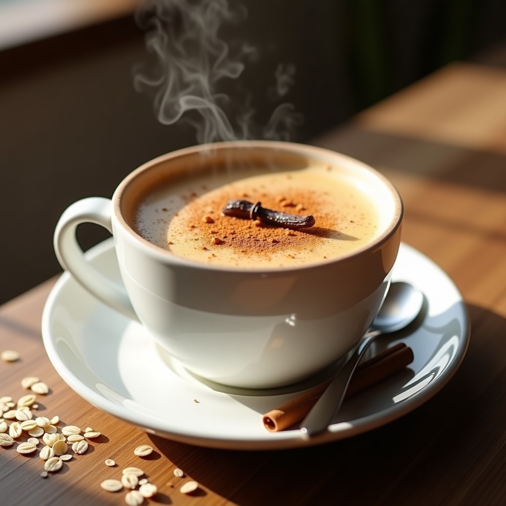 Taza de cerámica blanca con bebida de avena y canela con toque de vainilla, espuma cremosa en superficie, decorada con canela molida y una rama de vainilla, sobre fondo de madera rústica con copos de avena y una cucharita de plata.