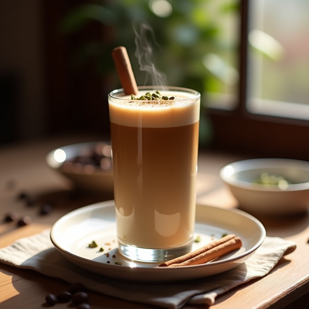 Vaso alto transparente con bebida cremosa de avena y cardamomo con toque de café, decorada con canela en polvo y una rodaja de naranja, sobre fondo rústico de madera con semillas de cardamomo esparcidas.