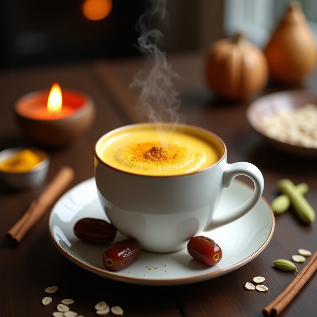 Taza de cerámica blanca con Latte de Oro Vegano, espuma cremosa y decoración de cúrcuma en polvo, sobre una mesa de madera con semillas de cardamomo y dátiles al lado, ambiente invernal.
