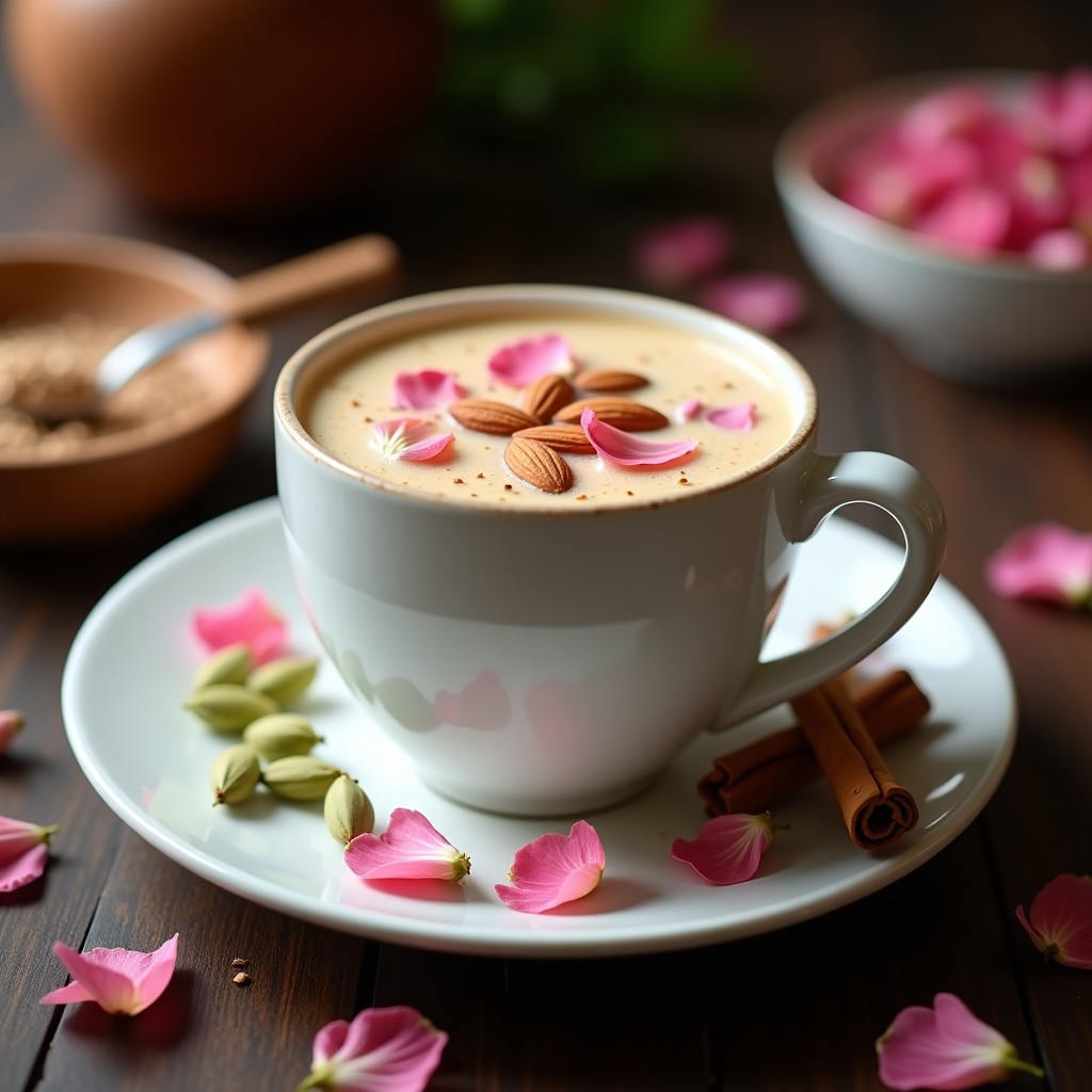 Taza de cerámica blanca con bebida cremosa de avena y cardamomo, coronada con pétalos de rosa y almendras fileteadas, sobre fondo de madera oscura con especias al lado.