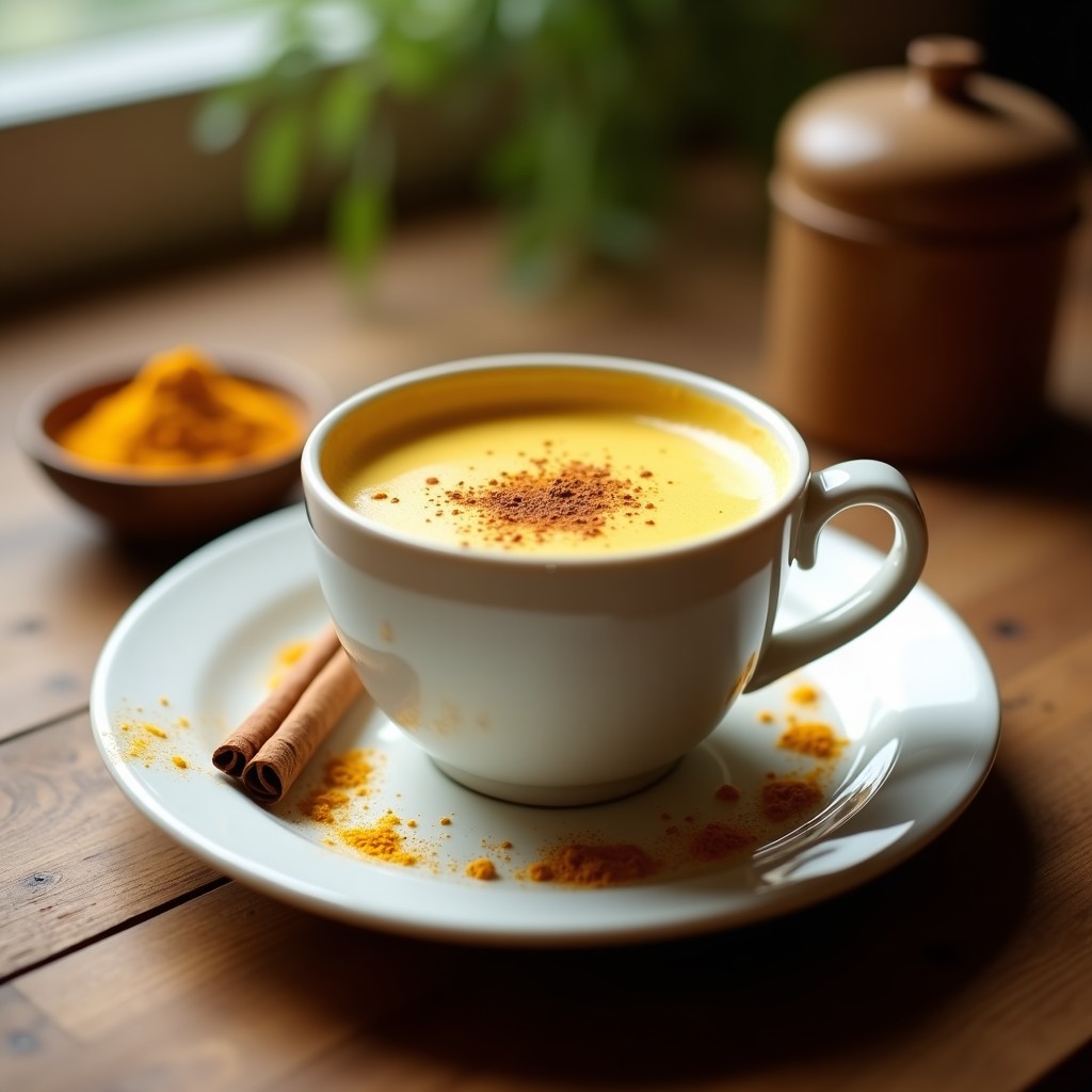 Taza de cerámica blanca con bebida de avena dorada, espolvoreada con cúrcuma y canela, sobre mesa de madera con semillas de chía y rodajas de jengibre fresco al lado.
