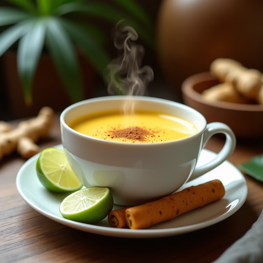 Taza de cerámica blanca humeante con Golden Milk Colombiano de color dorado intenso, espolvoreado con canela, sobre una mesa de madera rústica con especias al fondo: cúrcuma en polvo, jengibre fresco rallado y granos de pimienta negra.
