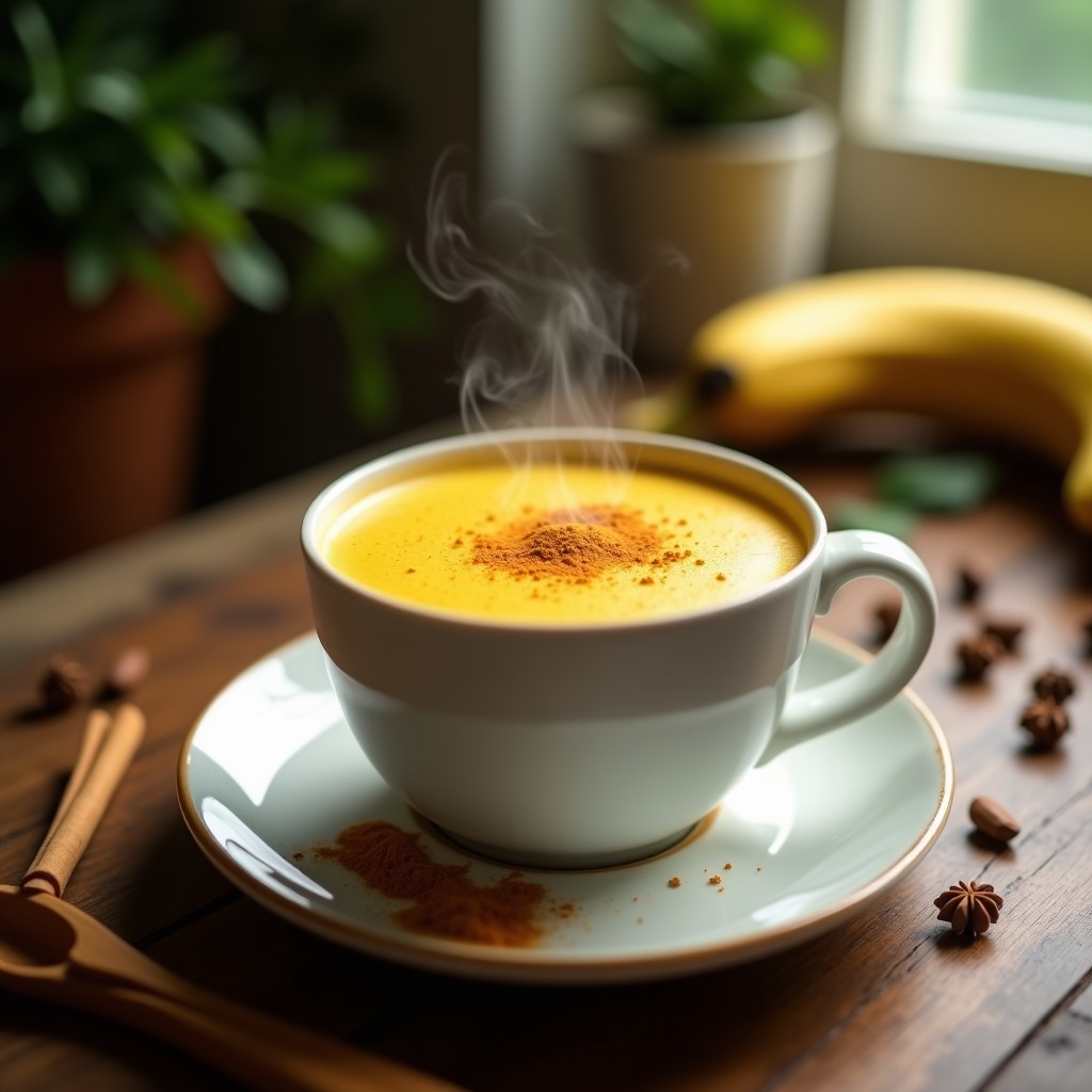 Taza de cerámica blanca humeante con golden latte caribeño de avena y cúrcuma, espolvoreado con pimienta de Jamaica molida y canela en polvo, sobre una mesa de madera rústica con hojas de plátano y una cucharita de madera.