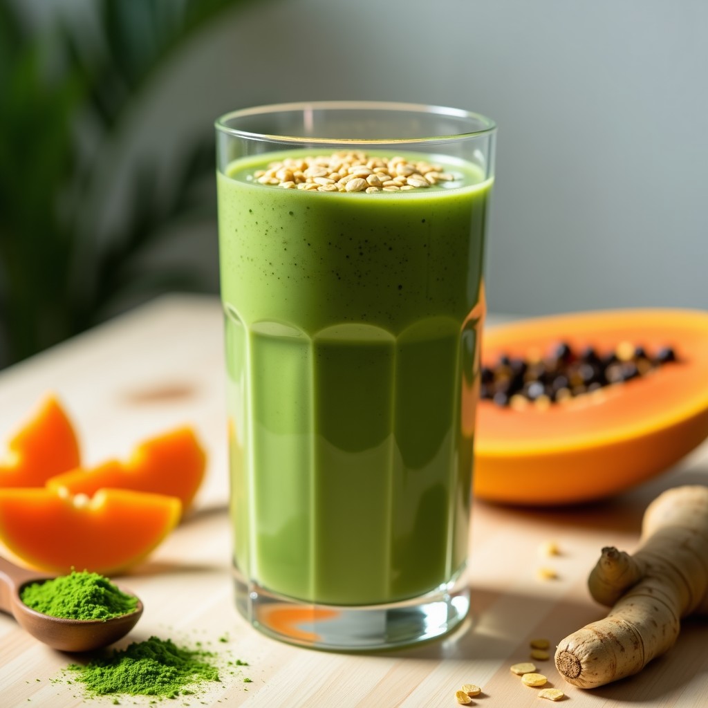 Vaso alto transparente con batido verde cremoso de avena y espirulina, decorado con semillas de lino dorado y un toque de espirulina en polvo, sobre fondo de madera clara con ingredientes dispersos: papaia en cubos, cucharita de espirulina y copos de avena.