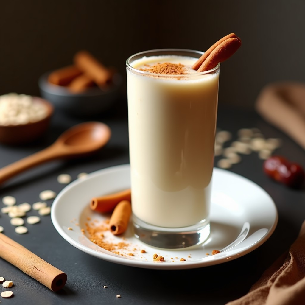 Vaso alto de cristal con bebida de avena fermentada espumosa, color crema claro con tonos dorados, decorado con canela molida en la superficie y una rama de canela al lado. Fondo rústico con copos de avena y dátiles enteros.