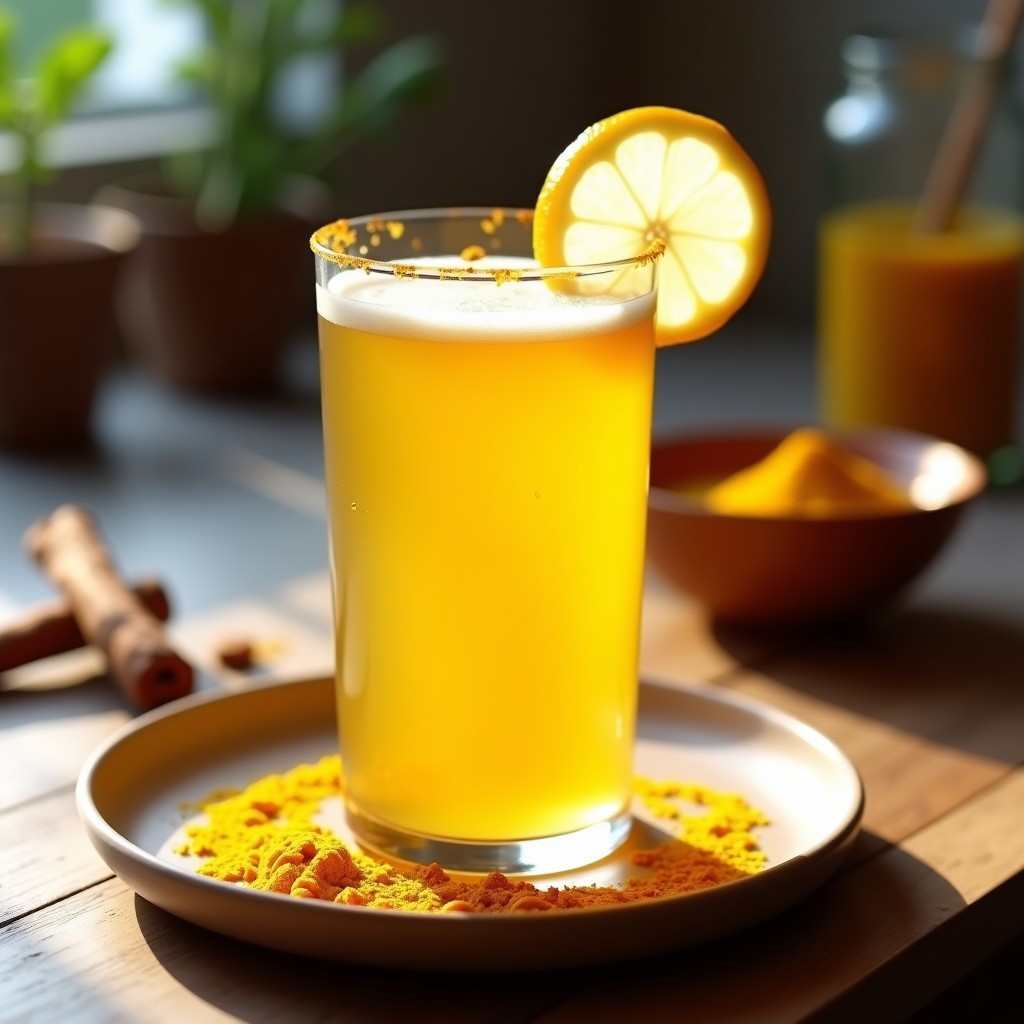 Vaso alto de cristal con bebida dorada y espumosa de avena fermentada con cúrcuma, decorado con una rodaja de limón y una pizca de cúrcuma en polvo en el borde, sobre una mesa de madera con granos de kéfir y canela en rama al fondo. Receta probiótica dorada sin lácteos.