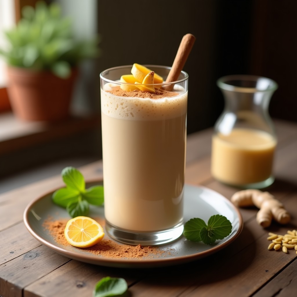 Vaso de cristal alto con bebida cremosa de avena fermentada, espolvoreada con canela en polvo y rodajas finas de jengibre fresco, sobre fondo de madera rústica con hojas de menta.