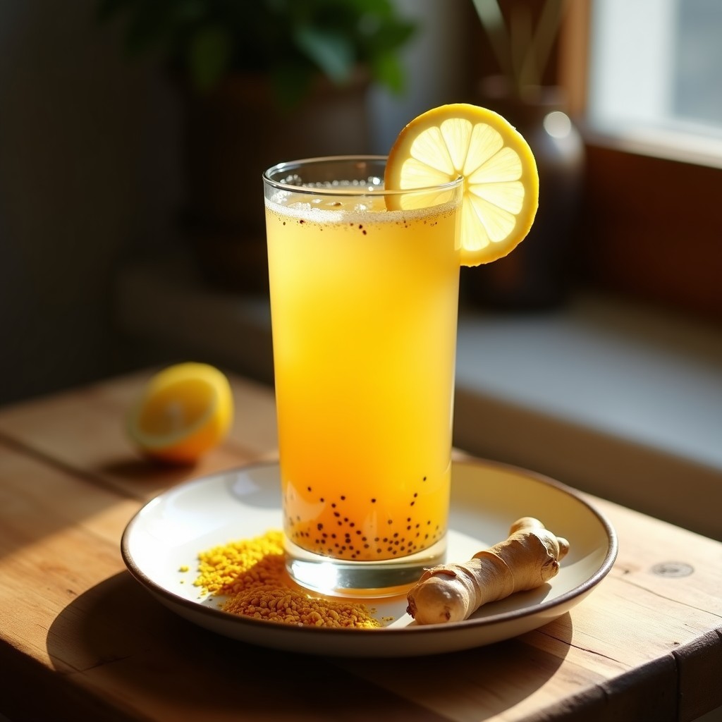 Vaso transparente con bebida dorada de avena fermentada, jengibre y cúrcuma, decorado con una rodaja de limón y semillas de comino negro flotando. Fondo de madera rústica con copos de avena y raíz de jengibre al lado.