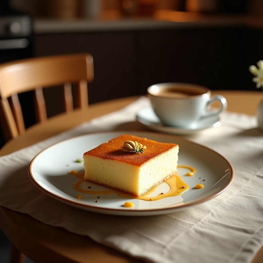 Taza de cerámica blanca con bebida de azafrán dorada, espuma cremosa de leche de coco y hebras de azafrán en superficie. Fondo con especias de cardamomo, canela en rama y pétalos de rosa. Receta de golden latte persa vegano y reconfortante.