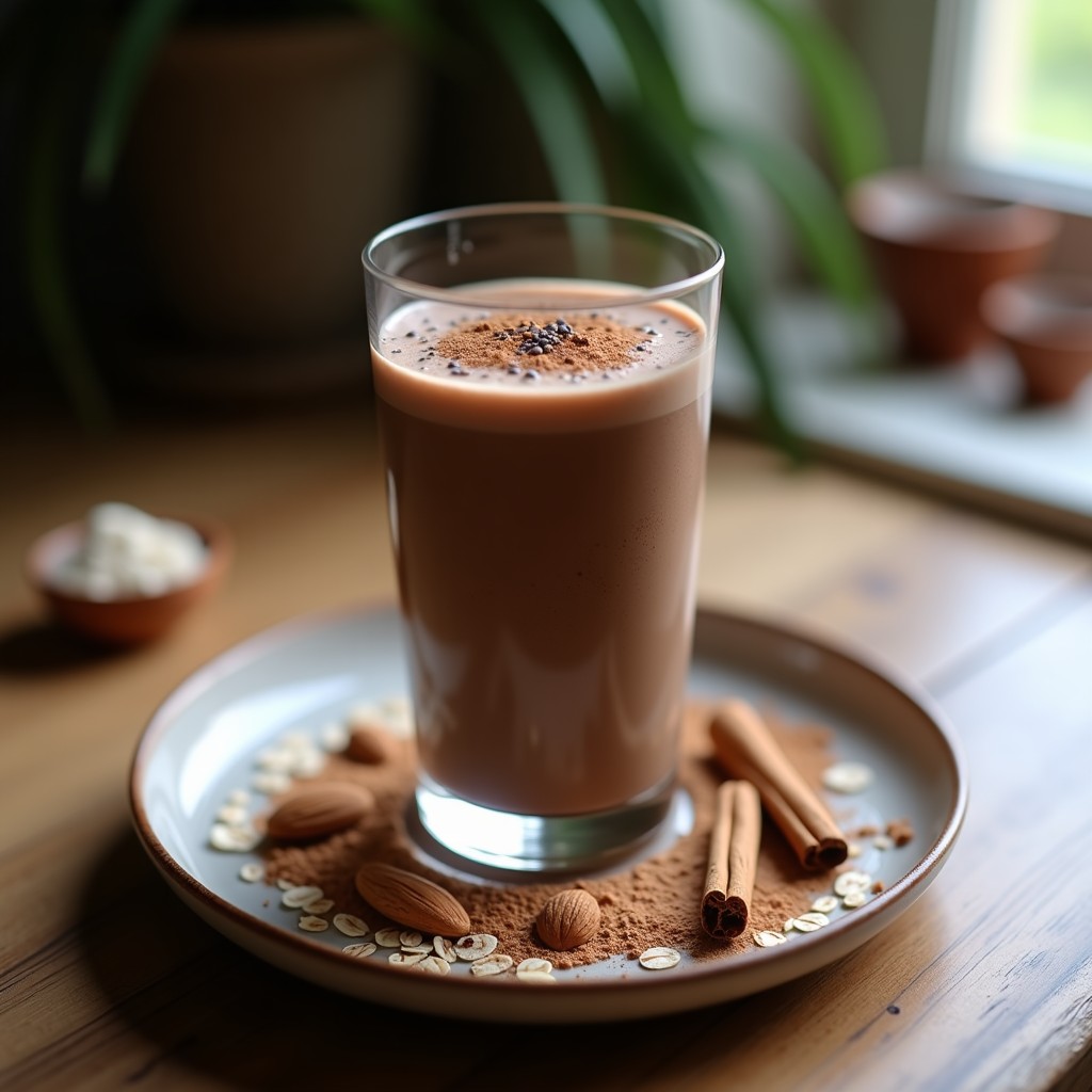 Vaso alto transparente con batido espumoso de color marrón oscuro, decorado con canela en polvo y semillas de chía. Fondo de madera rústica con copos de avena y cacao en polvo esparcidos. Receta de bebida de cacao y avena keto con canela y stevia para energía matutina.