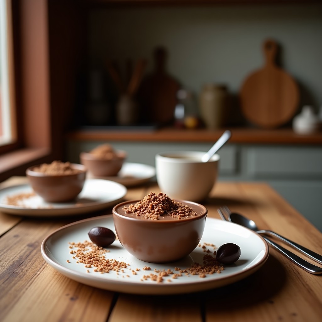 Taza de cerámica blanca humeante con bebida de cacao y avena vegana, espolvoreada con canela y cacao en polvo, sobre una mesa de madera rústica con papelón rallado y hojas de cacao al fondo.