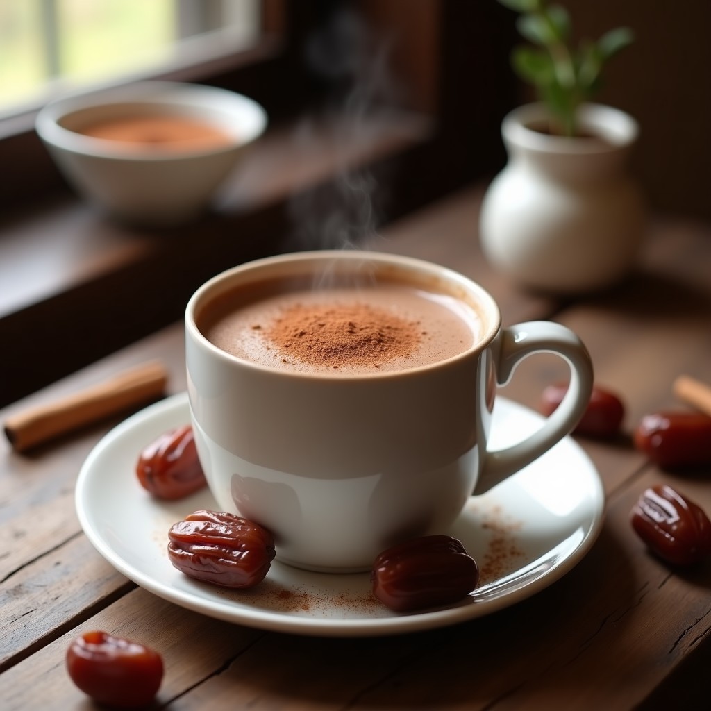 Taza de cerámica blanca con bebida de cacao y canela con leche de almendras vegana, espolvoreada con canela en polvo, sobre una mesa de madera con ramitas de canela y cacao en polvo al fondo.