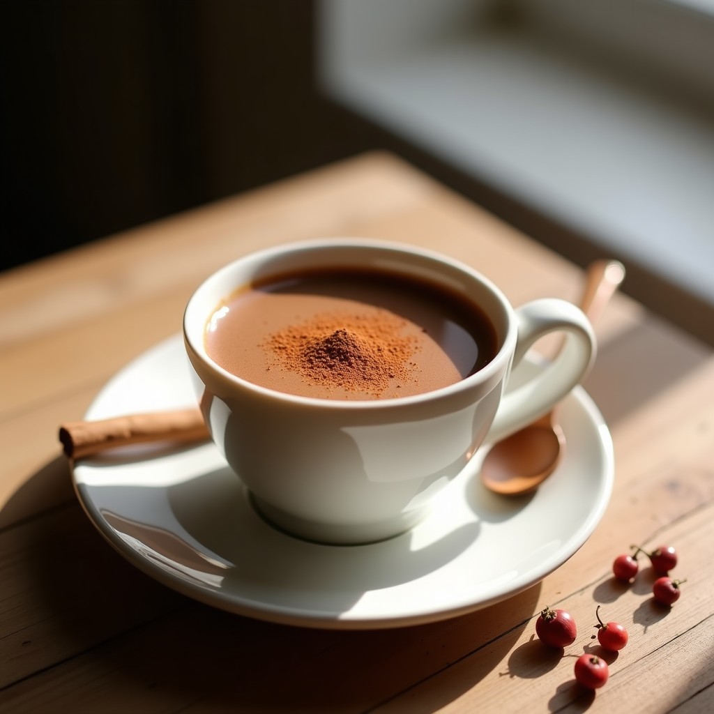 Taza de cerámica blanca con bebida de cacao crudo caliente, espolvoreada con canela en polvo y acompañada de una rama de canela y granos de pimienta rosa al lado. Fondos neutros y luz natural.