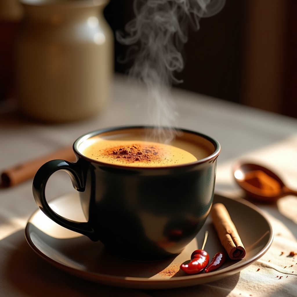 Taza de cerámica blanca humeante con bebida de cacao y chile, leche de avena espumosa, espolvoreada con cacao y chile en polvo, sobre una mesa de madera con canela en rama y semillas de cacao al lado.