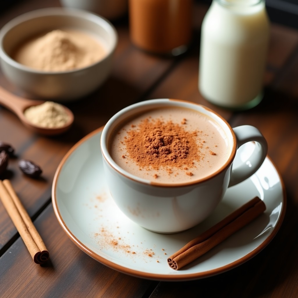 Taza de cerámica blanca humeante con bebida de cacao crudo y maca con leche de avena y canela, espolvoreada con canela en polvo, sobre una mesa de madera rústica con ingredientes al fondo: cacao en polvo, maca y ramitas de canela.