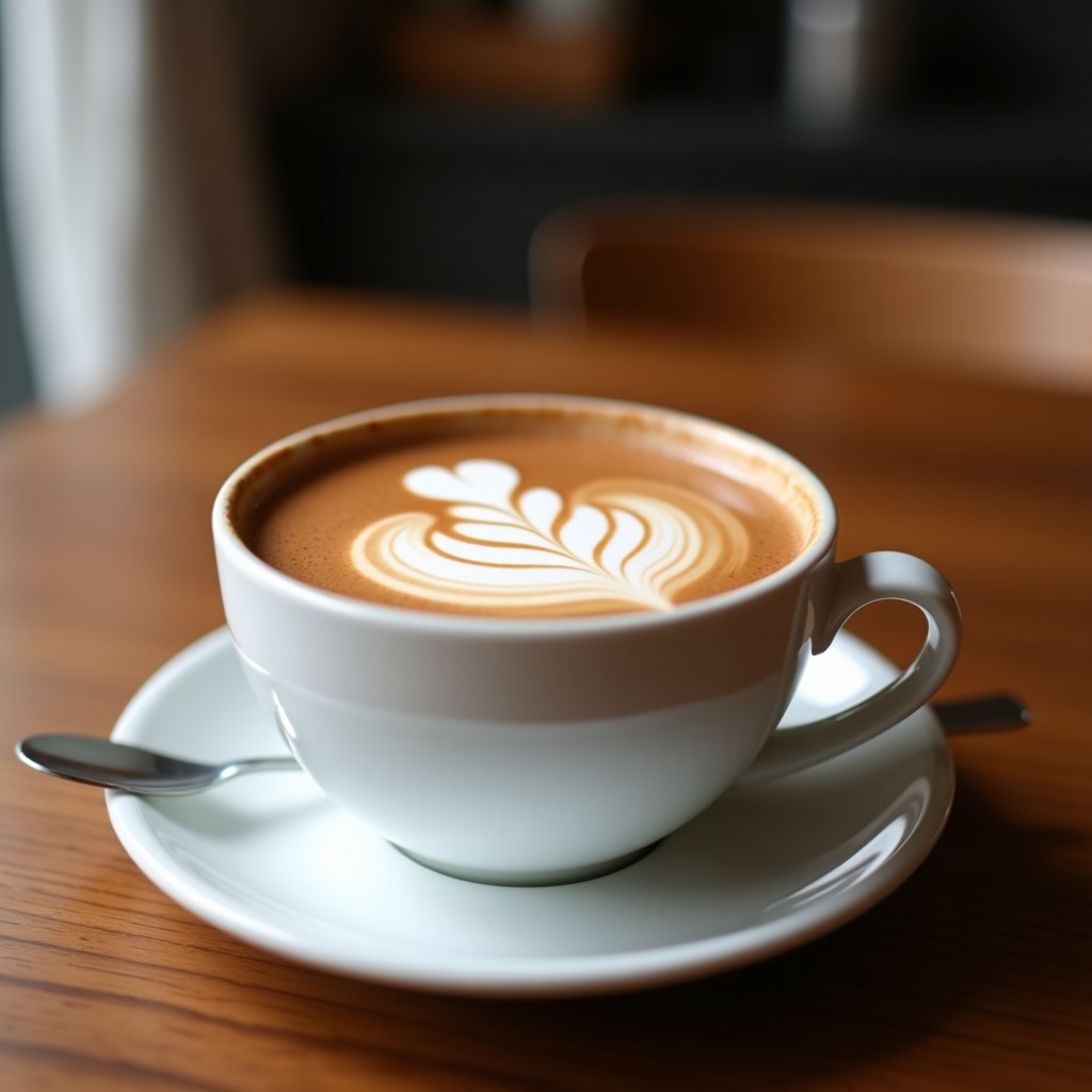 Taza de cerámica negra con latte picante vegano de cacao y guindilla, espuma cremosa en la superficie, decorada con cacao en polvo y una rodaja de guindilla seca. Fondo borroso con especias y granos de cacao.