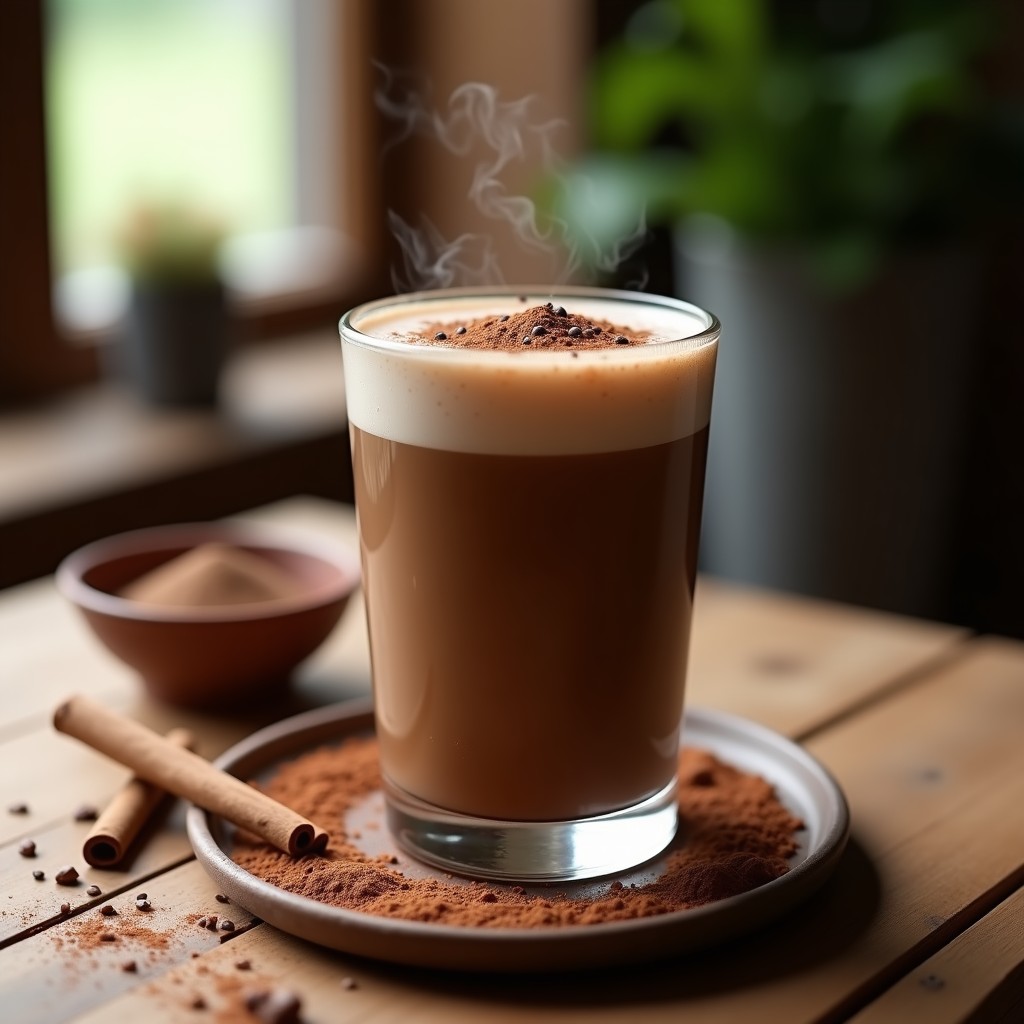 Vaso alto de cristal con bebida espumosa de color marrón oscuro, espolvoreada con canela en polvo y semillas de chía. Fondo con ingredientes: cacao en polvo, maca y una ramita de canela. Estilo natural y gourmet, iluminación cálida.
