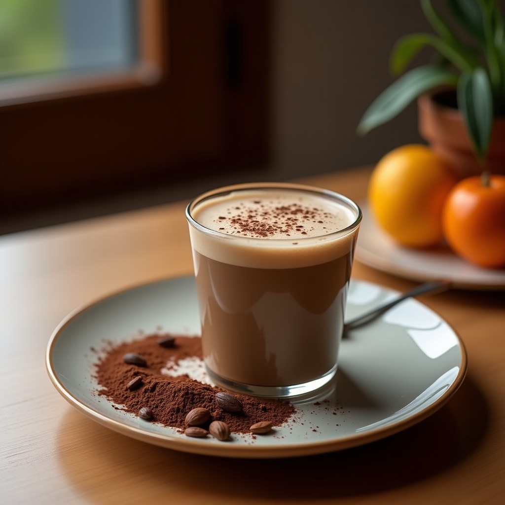 Taza blanca de cerámica con latte espumoso de cacao puro, decorado con un toque de pimienta de cayena y cacao en polvo, sobre una mesa de madera con una cuchara de metal y granos de cacao esparcidos. Receta de bebida energética keto sin azúcar.