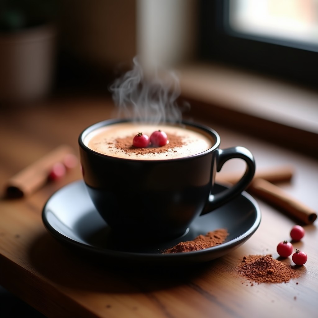 Taza de cerámica negra humeante con latte mexicano de cacao y pimienta rosa, espuma cremosa en la superficie, decorada con una pizca de cacao en polvo y granos de pimienta rosa al lado. Fondo con especias y una rama de canela.