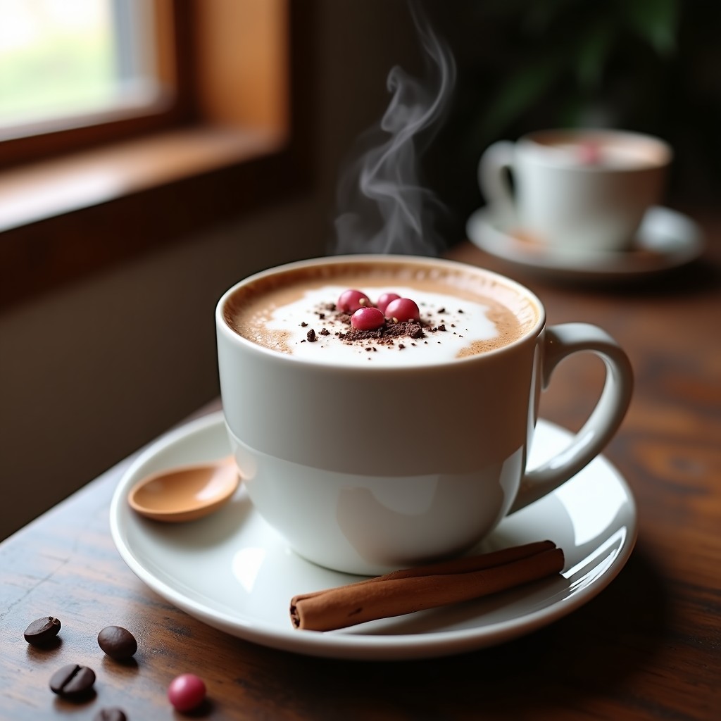 Taza de cerámica blanca con bebida de cacao y pimienta rosa con leche de avena, espuma cremosa en la superficie, decorada con granos de pimienta rosa y virutas de cacao, sobre una mesa de madera rústica con una cuchara de madera y una rama de canela al lado.
