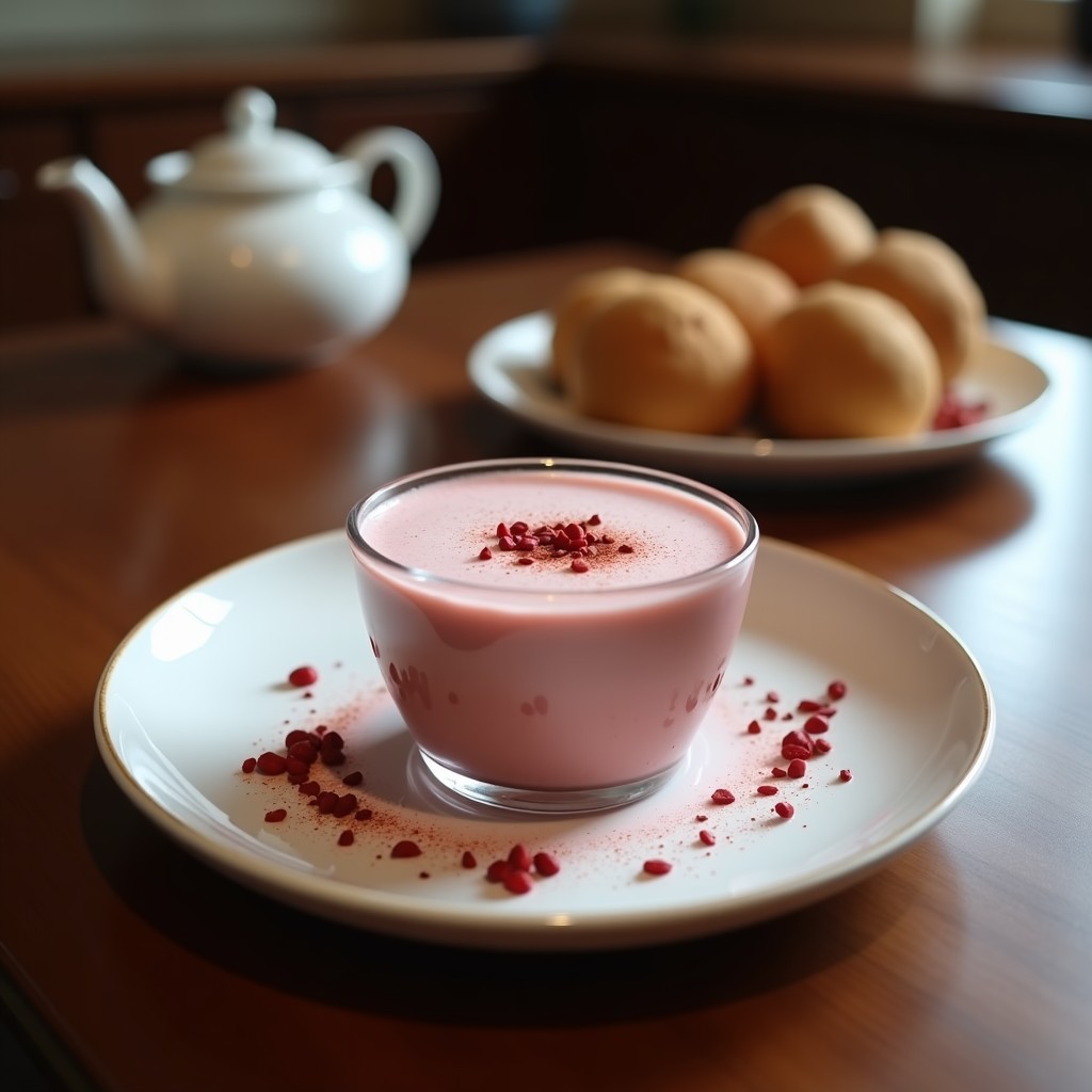 Taza de cerámica blanca con bebida de cacao y pimienta rosa con leche de coco, espolvoreada con cacao en polvo, sobre una mesa de madera rústica con granos de pimienta rosa y una rama de canela al lado.