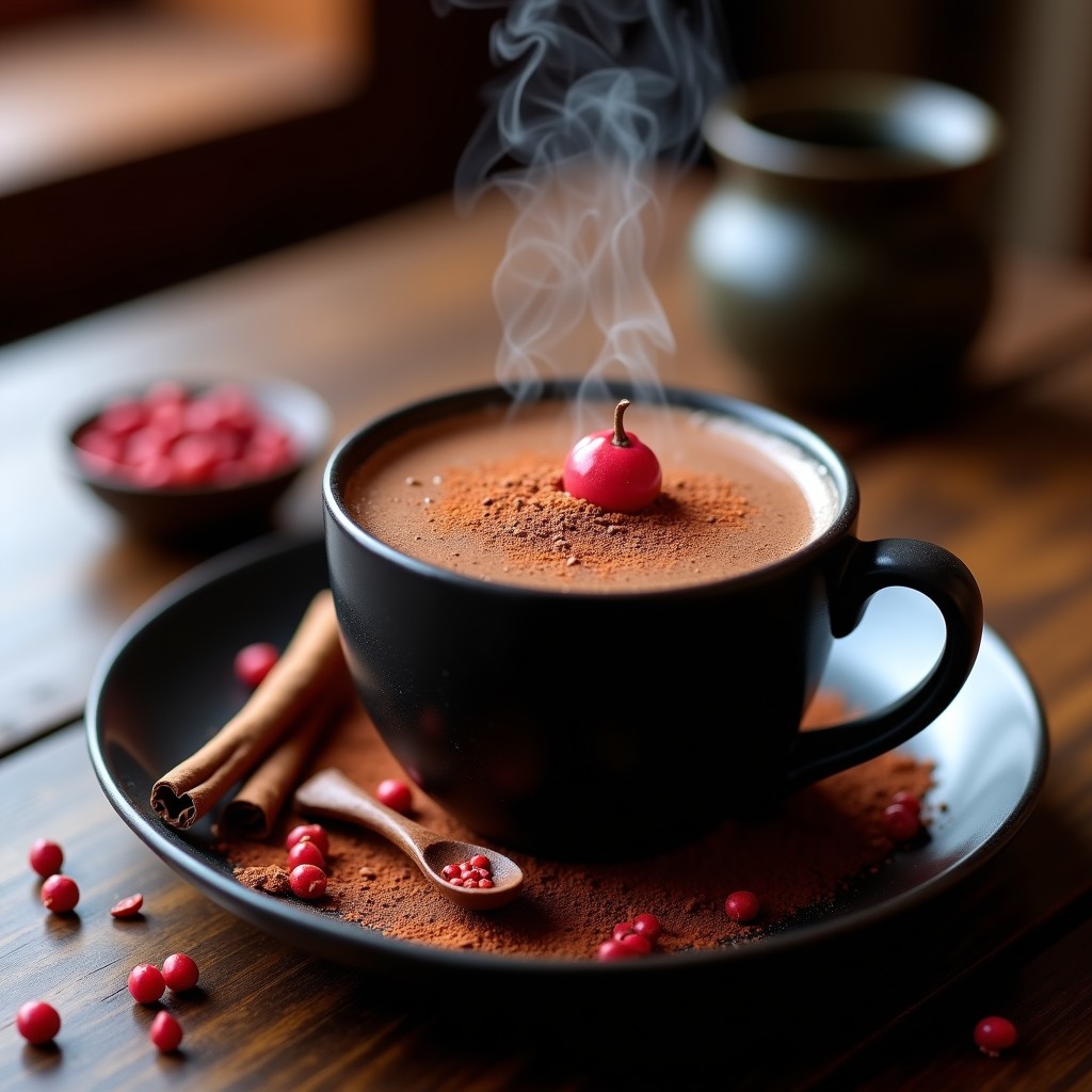 Taza de cerámica negra humeante con bebida de cacao y pimienta rosa peruana, espolvoreada con semillas de ajonjolí, sobre mesa de madera rústica con especias al fondo.