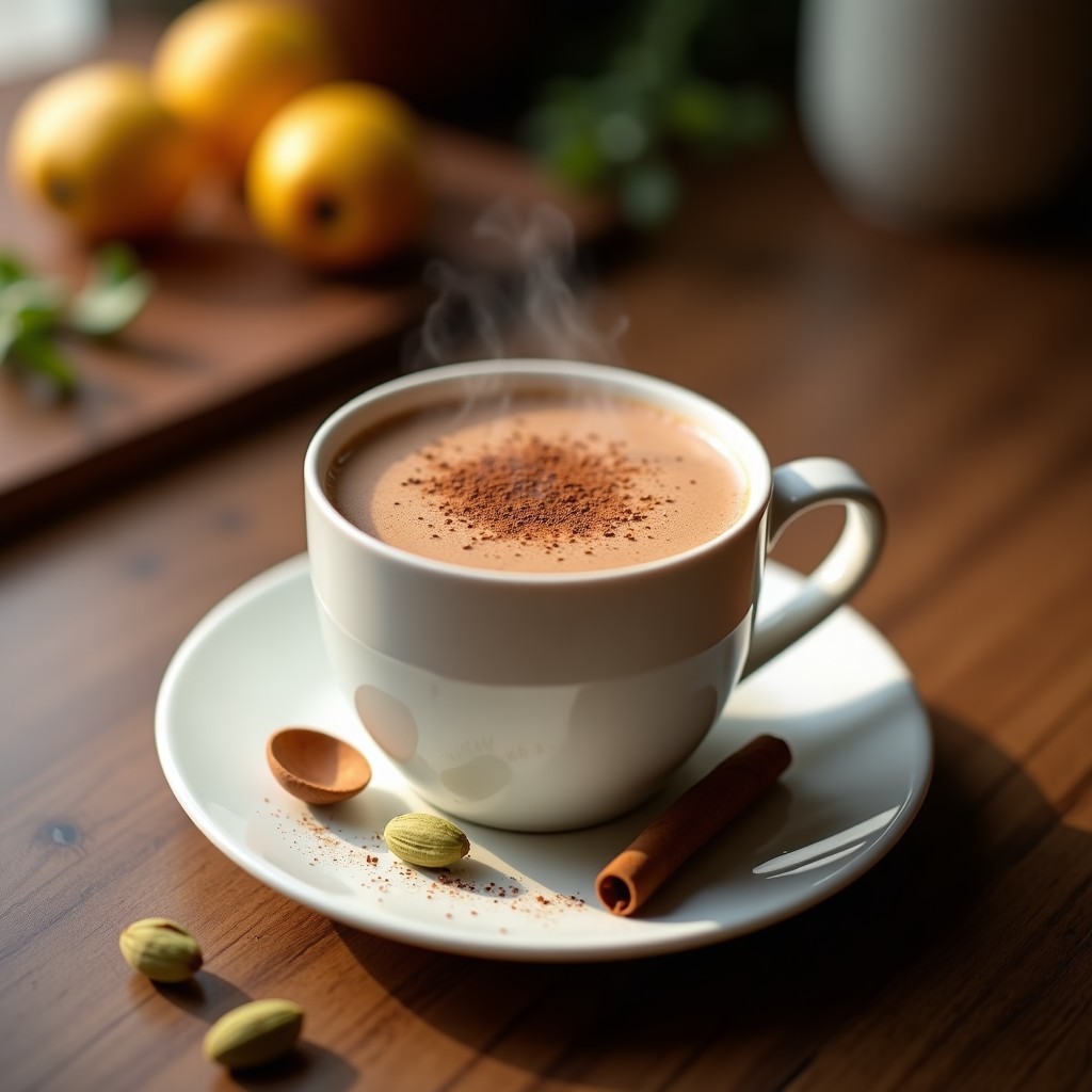 Taza de cerámica blanca humeante con bebida de cacao puro y leche de almendras, espolvoreada con cardamomo y canela. Fondo oscuro con especias esparcidas: vainas de cardamomo, rama de canela y cacao en polvo. Iluminación cálida y acogedora, ideal para relajarse antes de dormir.