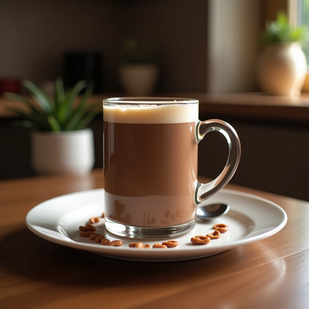 Taza de cerámica blanca con bebida de cacao puro espumosa, decorada con una rama de canela y virutas de cacao, sobre una mesa de madera rústica con fondo borroso de cocina cálida.