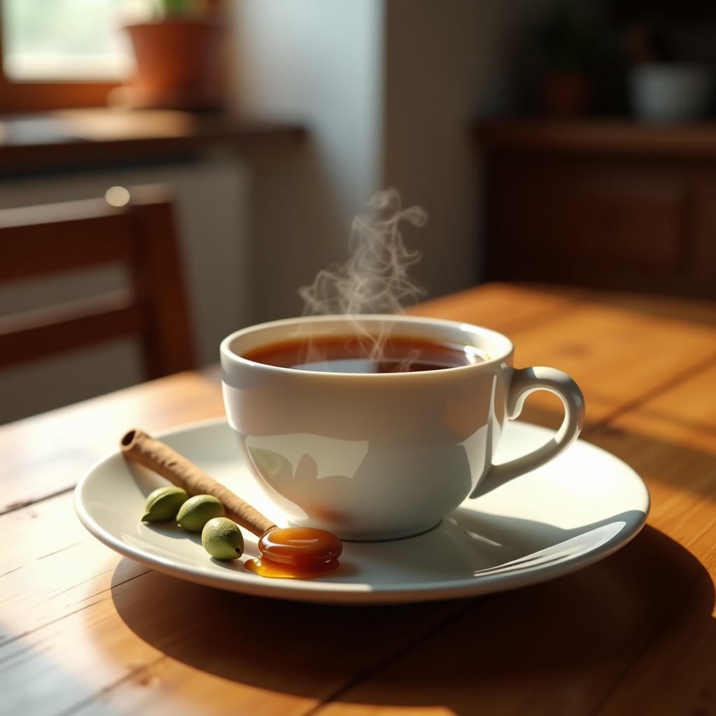 Taza de cerámica blanca con infusión humeante de café de achicoria y cardamomo sin cafeína, decorada con una rama de canela y semillas de cardamomo al lado, sobre una mesa de madera rústica con luz natural.