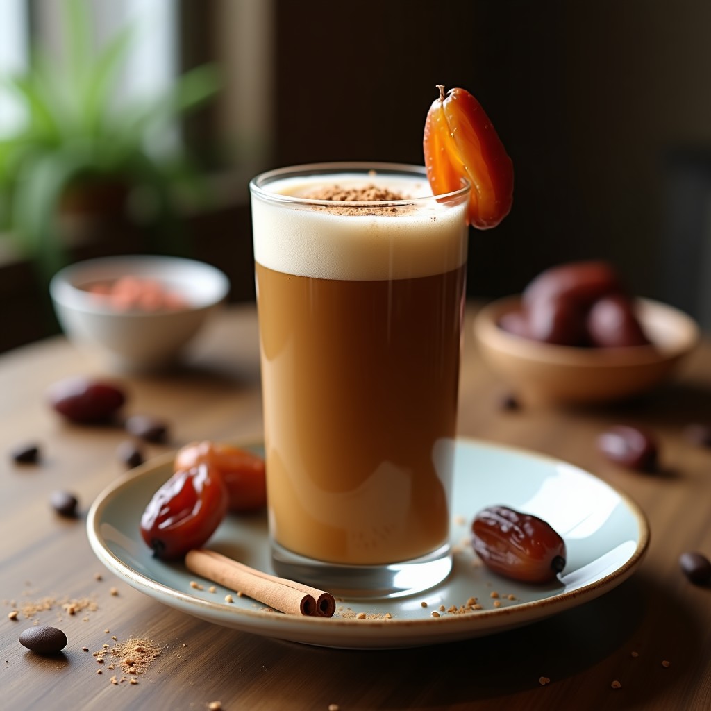 Vaso alto transparente con bebida de café con canela y dátiles, de color marrón oscuro y textura cremosa, decorada con pizca de canela en polvo y rodaja de naranja deshidratada, sobre fondo rústico de madera con granos de café y dátiles al lado.