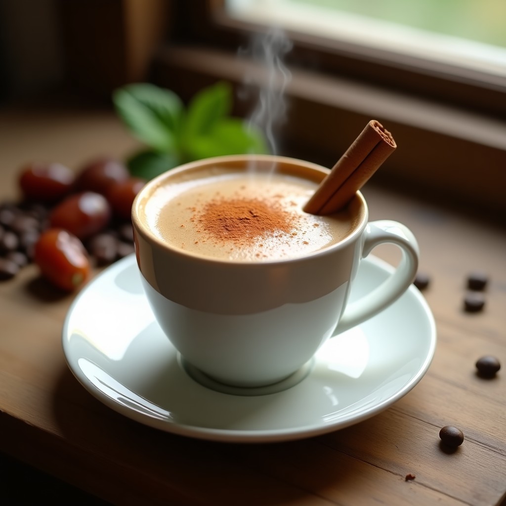 Taza de cerámica blanca con bebida de café con canela y dátiles, espuma cremosa en la superficie y un espolvoreado de canela en polvo. Fondo de madera rústica con granos de café y dátiles al lado.