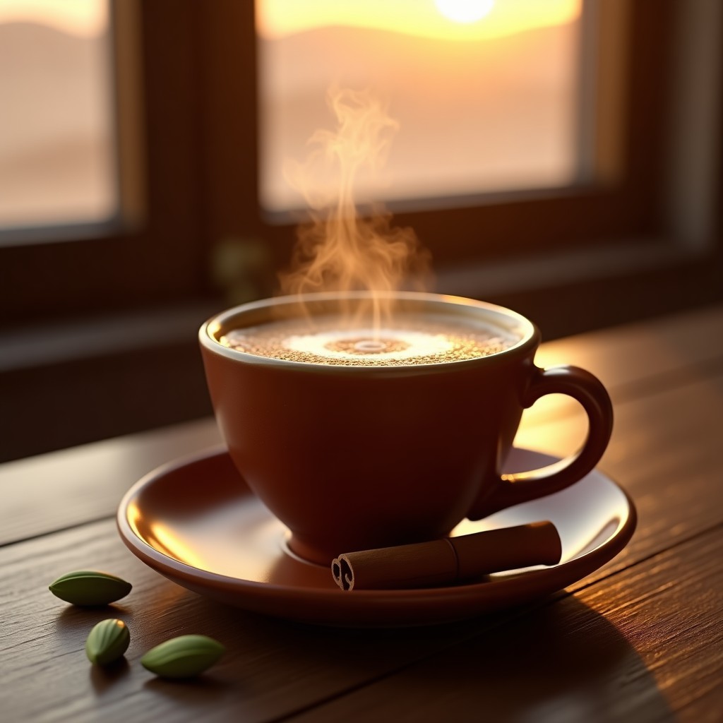 Taza de cerámica árabe con bebida de café y canela con leche de camello, espuma dorada en superficie, rama de canela y semillas de cardamomo como decoración, fondo de dunas del desierto al atardecer.