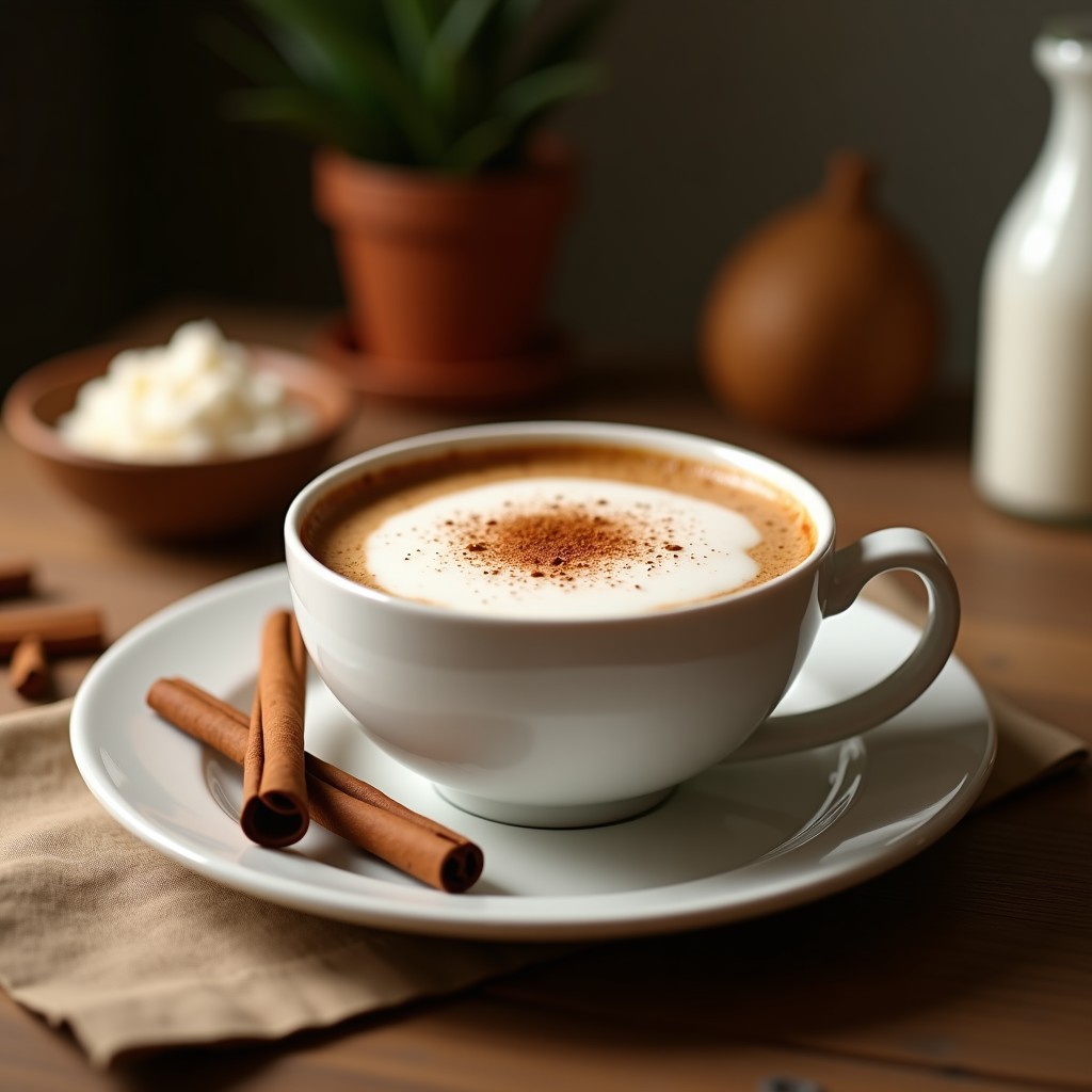 Vaso alto transparente con bebida de café y canela con leche de coco, espolvoreada con canela en polvo, sobre un posavasos de madera con granos de café y una rama de canela al lado. Fondo borroso con textura de mesa rústica.