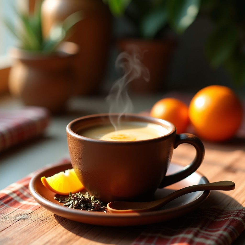 Taza de cerámica rústica con bebida de café y cardo santo colombiana, de color ámbar oscuro, humeante, acompañada de hojas secas de cardo santo y una cucharita de madera sobre fondo de madera natural.
