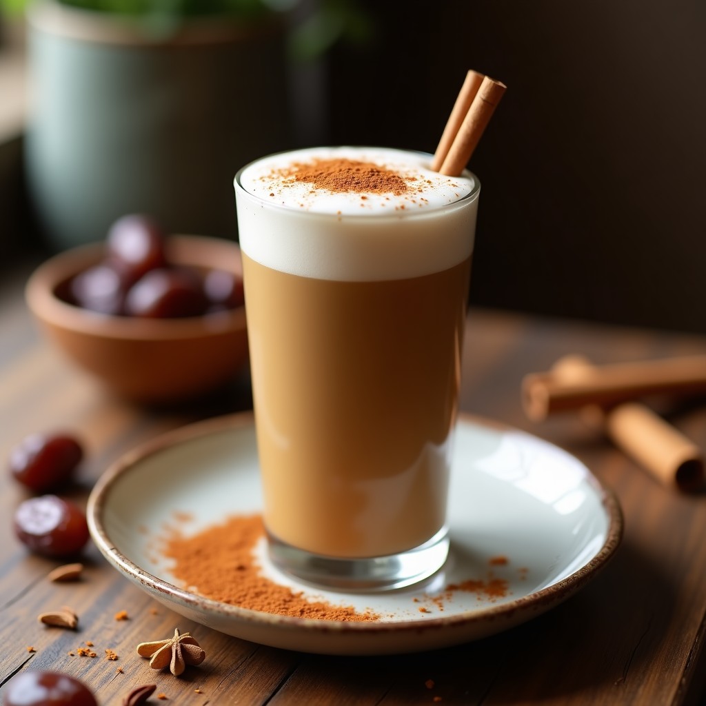 Vaso alto transparente con bebida de café y dátiles con especias árabes, servida con hielo y espuma de leche de almendras. Decorada con canela en polvo y una ramita de canela en el borde. Fondo neutro con especias esparcidas.
