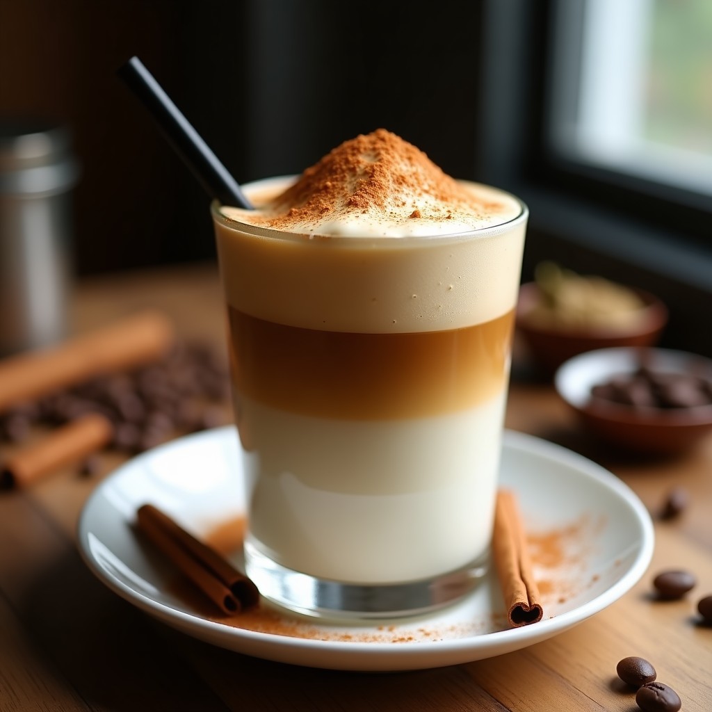 Vaso alto transparente con Dalgona vegano sin azúcar: espuma dorada y esponjosa de café con especias sobre leche de avena cremosa, decorado con canela en polvo y una pajita negra. Fondo borroso con ingredientes como granos de café y especias.