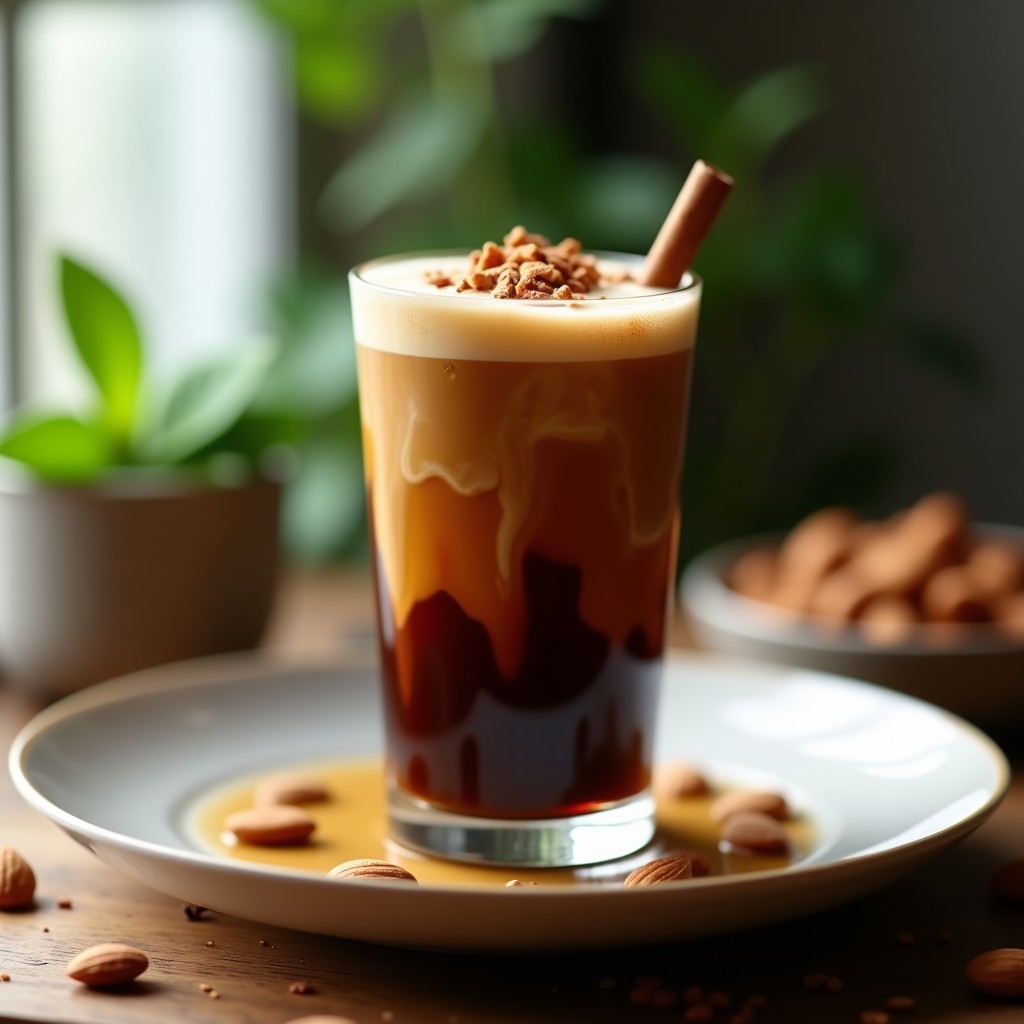 Vaso alto transparente con bebida de café frío de color oscuro, coronado con hielo picado y una ramita de canela. Fondo borroso con ingredientes: granos de café, rama de canela y botella de leche de cardo mariano.