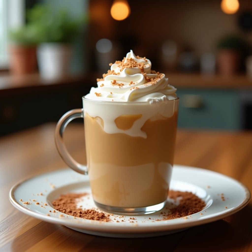 Vaso alto transparente con bebida keto de café frío, crema de coco batida en la superficie, decorada con esencia de vainilla y canela, sobre fondo rústico de madera con hielo disperso.