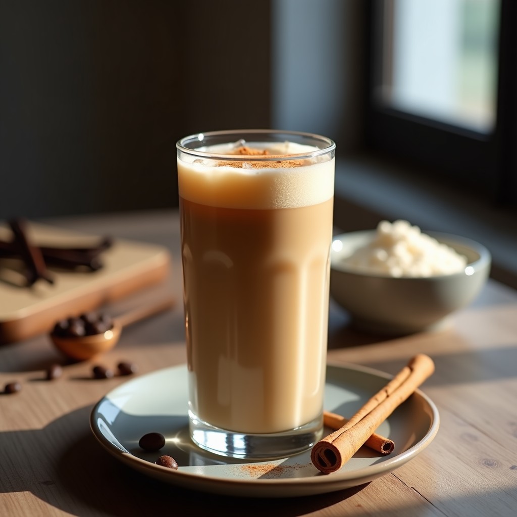 Vaso alto transparente con bebida de café frío cremosa, espolvoreada con canela y esencia de vainilla, servida con hielo. Fondos borrosos de ingredientes como granos de café, vainilla en rama y proteína en polvo. Receta fit post-entreno alta en proteína.