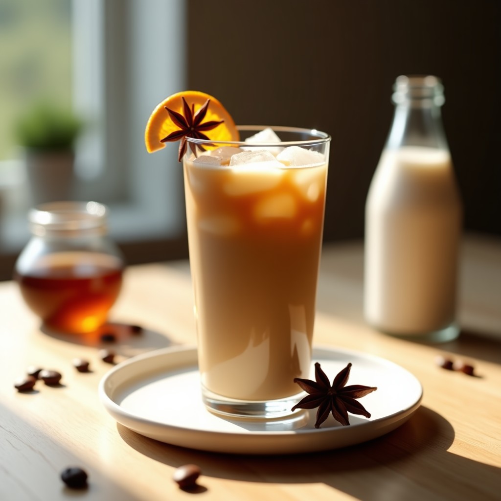 Vaso alto transparente con bebida de café frío con leche de avena y sirop de dátil, decorado con hielo, anís estrellado y cáscara de naranja seca sobre fondo rústico de madera clara.