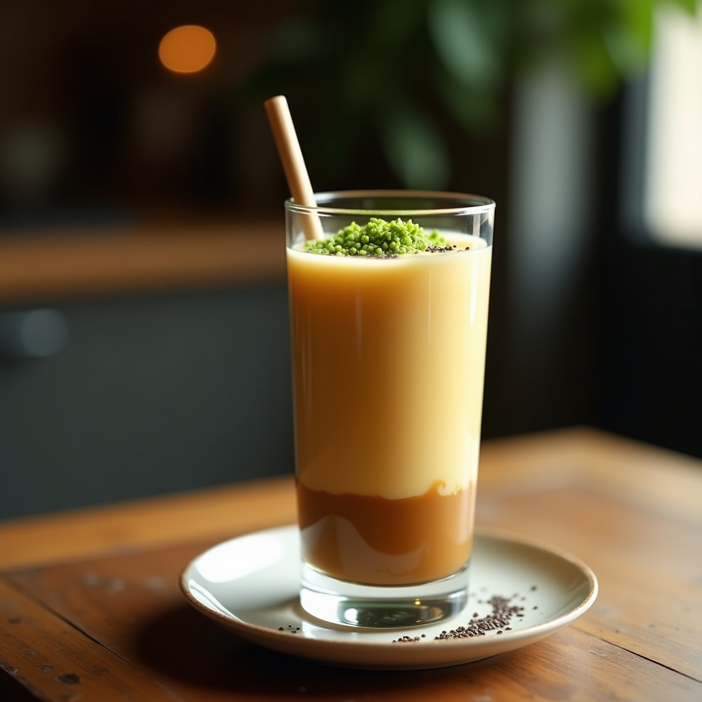 Vaso alto transparente con bebida de café frío con leche de tigre y jengibre, capas visibles de líquido ámbar y verde claro, decorado con rodaja de jengibre y hoja de culantro, sobre fondo de madera rústica con granos de café y limones verdes al lado.