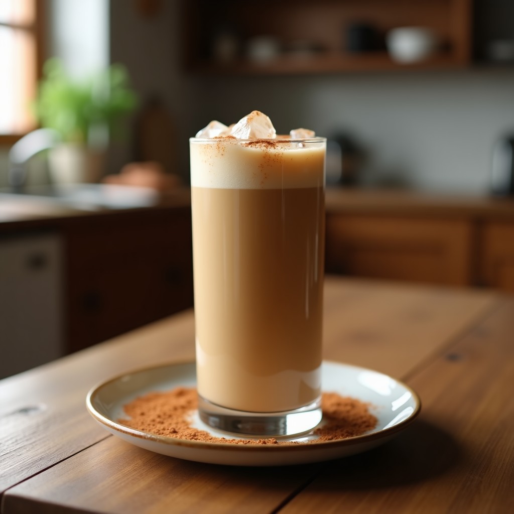 Vaso alto transparente con bebida de café frío con proteína de guisante y canela, latte vegano post-entreno de color beige oscuro, espolvoreado con canela molida, con hielo flotante y fondo borroso de cocina moderna.